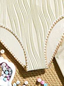 SHEIN 青少年女孩连体泳衣：优雅的侧系带纱笼泳衣，带有海星装饰，非常适合海滩度假 - 杏色 - 查看 4