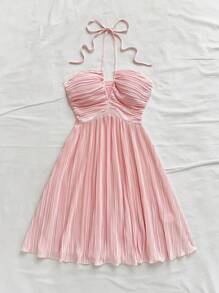 Vestido de estilo bohemio para mujer para la Pascua, vestido campesino, vestido de graduación y verano, vestido de verano y vacaciones para mujer, vestido de unicolor plisado de moda - Rosa - Ver 8