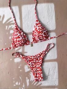 Swim Mod 女士夏季豹纹随机图案细肩带金属装饰性感比基尼套装，沙滩装 - 彩色 - 查看 1