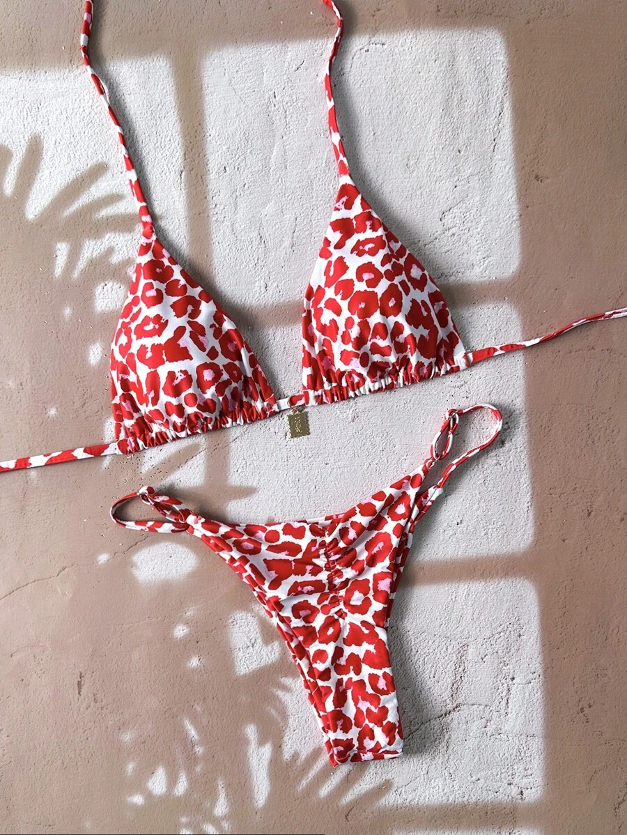 Swim Mod 女士夏季豹纹随机图案细肩带金属装饰性感比基尼套装，沙滩装 - 彩色 - 查看 1