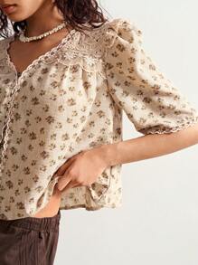 Bohemela 休闲宽松梭织女式衬衫，适合夏季、秋季、波西米亚风、独立日 - 棕色 - 查看 1