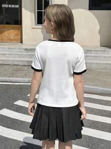 Tween Girl 2-Piece Set: Fitted Heart Patch Contrast Color Short Sleeve T-Shirt And Pleated Mini Skirt, Back To School - Black and White - View 3