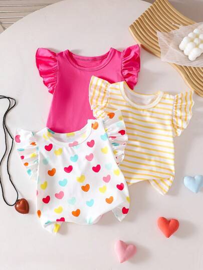SHEIN Playful Pals Set de 3 camisetas estilo jersey con cuello redondo, diseño con rayas y corazones multicolor, volantes en el dobladillo, suave y cómodo, estilo casual y lindo para primavera/verano