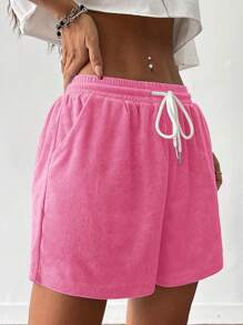 Coolane Women's Sport Flannelette Summer Embroidery Mini Sweater Shorts - Hot Pink - View 5