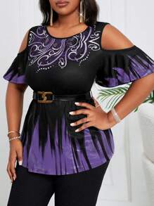 SHEIN Lady 1 pieza Camiseta de mujer de talla grande con patrón de degradado morado, para verano