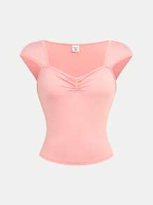 SHEIN Teen Girl Solid Color Ruched Bust Casual T-Shirt, Back To School , Cute, Holiday Family Outdoor Spring Picnic Everyday Wear, Suitable For Various Occasions Cute Top