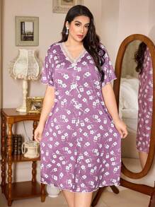 CottageSlumber Vestido de dormir de talla grande con estampado floral romántico, lazo y encaje, de seda de leche extra suave. Cómodo y relajado, vestido de dormir tipo "Moo Moo"