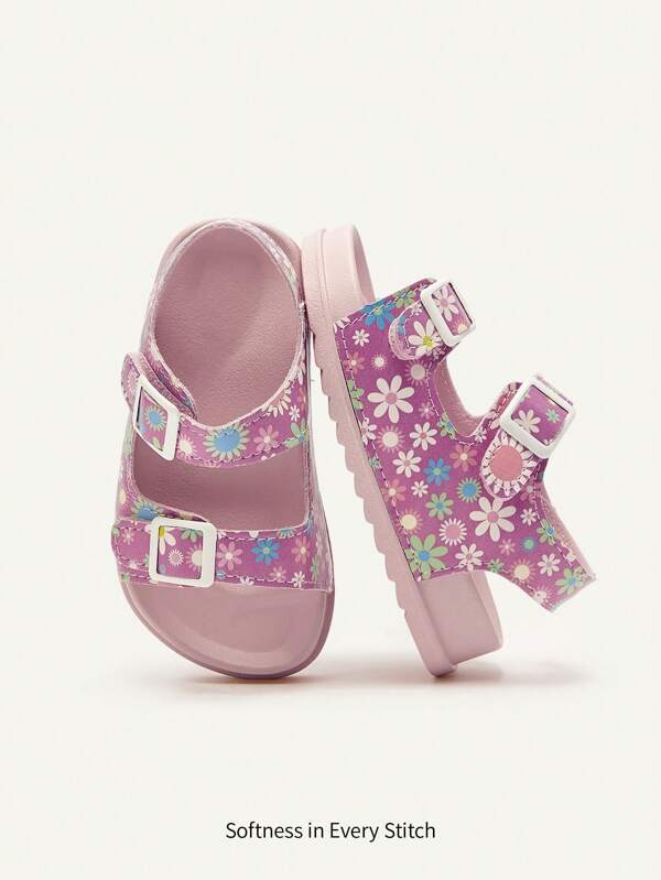 Cozy Pixies 1 par de sandalias planas informales suaves con estilo de princesa, cierre de gancho y bucle, con estampado floral, para niñas pequeñas en verano, versátiles