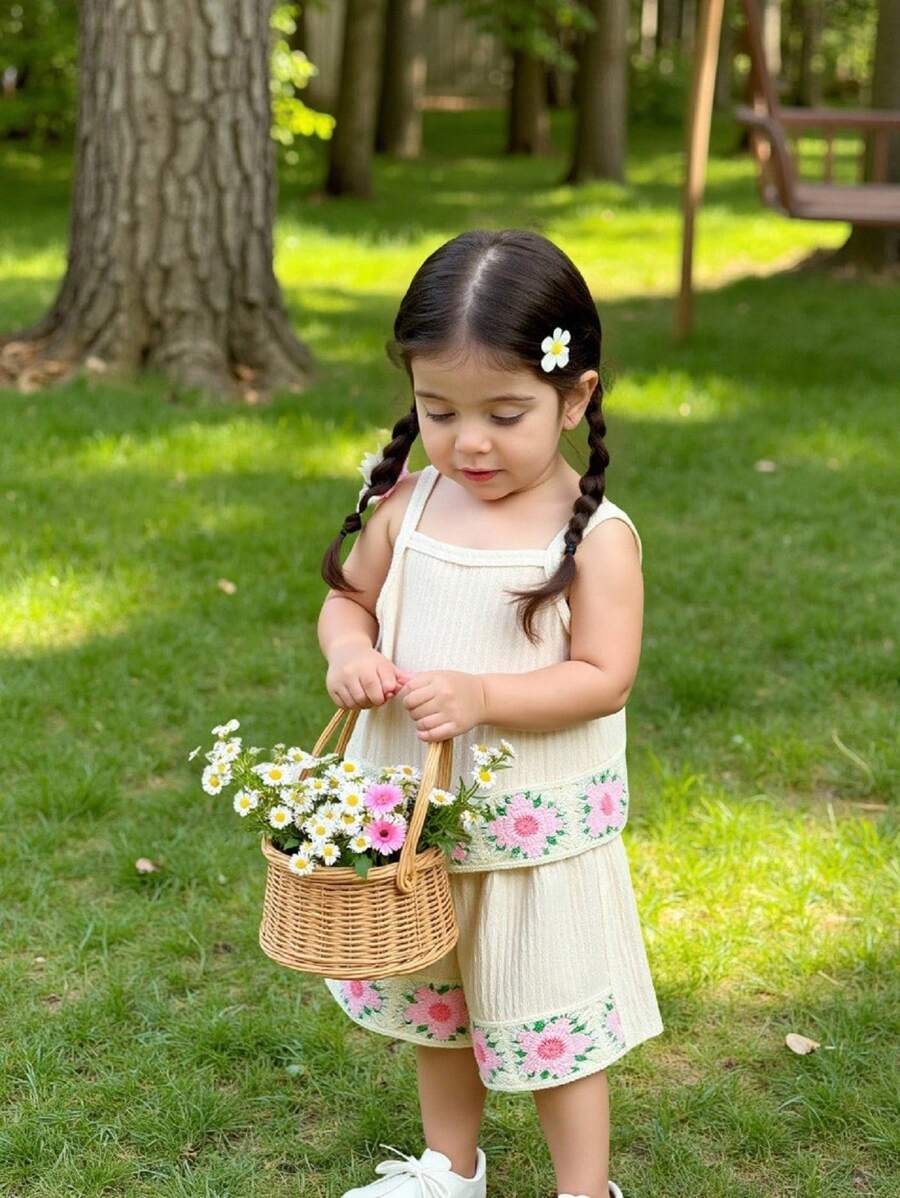 SHEIN 2pcs/Set Girls Summer Outfit, Cute Printed Camisole Top + Printed Shorts, European And American Style