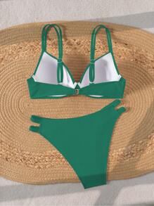 Swim Basics 2 件套女士沙滩聚拢比基尼套装，简约纯色纹理面料，细肩带，夏季度假 - 綠色 - 查看 5