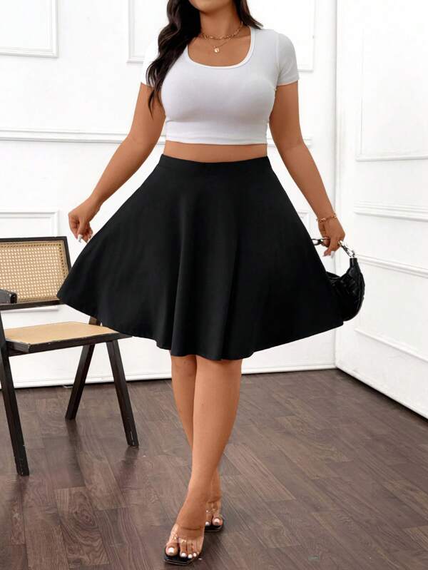Calvaya Plus Size Women Solid Color High Waist Flare Skirt, Casual & Versatile Summer