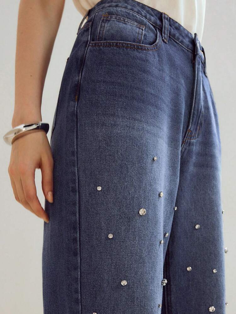 WOMEN'S ELEGANT BLUE WASHED RHINESTONE DECORATED JEANS