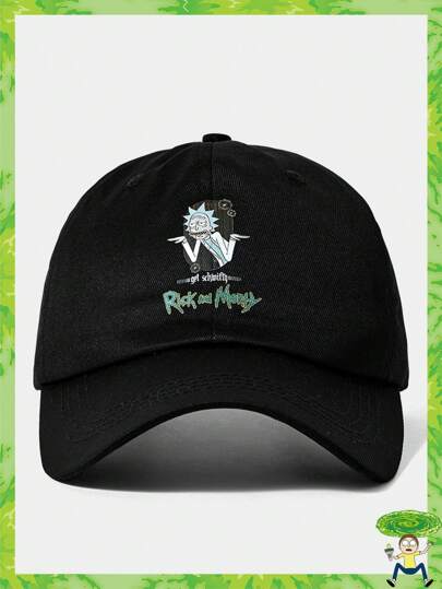 Rick and Morty X SHEIN 可调节黑色棒球帽，带有卡通人物和字母印花