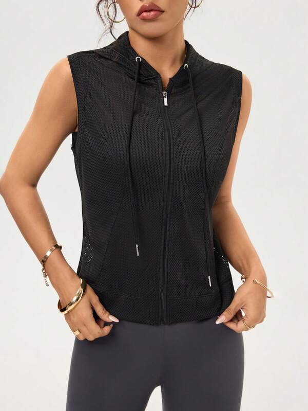 SHEIN Sport Studio Women's Casual Sports Zipper Drawstring Sleeveless Jacket