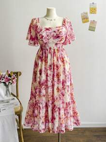 Soleia Váy Maxi tay bèo nhún họa tiết hoa cổ vuông bằng vải chiffon cỡ lớn cho nữ, mùa xuân/ngày lễ tình nhân - Nhiều màu - Xem 6