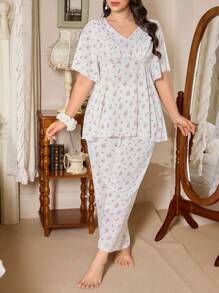 CottageSlumber Plus Size Women's Romantic Ditsy Floral Sweetheart Neck Bell Sleeve Long Pants Pajama Set ,Vacation