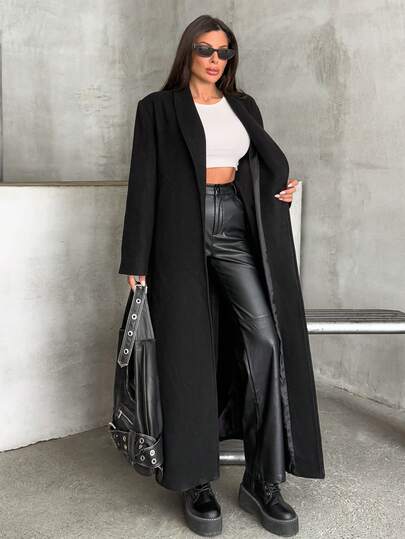 EURMUSE Women Solid Shawl Collar Belted Longline Overcoat