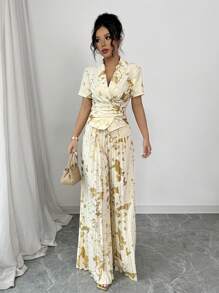 Elenzga Halloween Costume Champagne Foil Fabric Wrap Top And Wide Leg Pleated Pants 2 Pieces Set For Women - Apricot - View 3