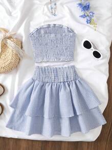 Tween Girl Casual Striped Tube Top & Ruffle Hem Skirt 2 Pieces Set - Brown - View 5