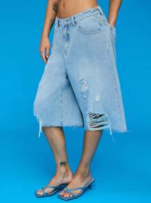 COUREZ 浅蓝色水洗做旧牛仔短裤/Y2K夏季女装夏季短裤度假复古棉质 - 藍色 - 查看 4