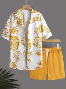 男士夏季海滩度假随机菠萝印花衬衫和短裤套装 - 黃色 - 查看 1