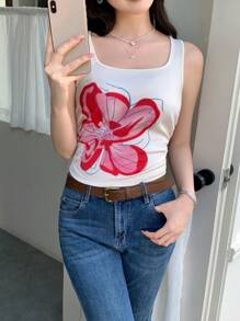 SHEIN LUNE Áo hai dây họa tiết hoa đơn giản dành cho nữ - Màu be - Xem 6