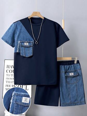 SHEIN 2 件套青少年男童休闲牛仔拼布针织 T 恤和短裤，时尚街头风格牛仔拼布服装