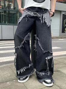 SHEIN Teen Boy Casual Cool Y2K Fashion Star Patchwork Fringe Low-Waisted Baggy Wide Leg Denim Jeans Pants With Raw Hem And Slanted Pocket For Kids Clothes Boys Costume Dailywear And Kids Summer And Spring Rave Outfits Festival And Beach Outfits Clothes Fall Clothes Back To School Old Money Style Streetwear Punk Winter