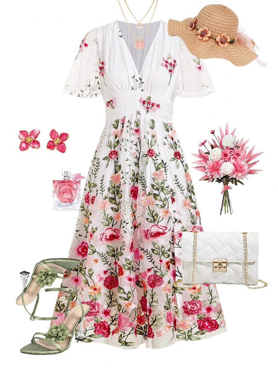 Ellevyn 浪漫玫瑰刺绣透明网眼中长连衣裙，优雅的夏季婚礼 - 彩色 - 查看 1