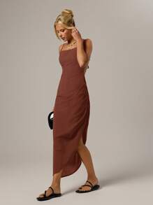 SHEIN Forever 21 Casual Black Open Back Spaghetti Strap High Slit Dress For Beach, Date, Holiday, Spring - Brown - View 5