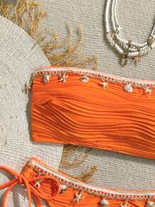 Swim Mod Bộ bikini hai mảnh mùa hè dành cho nữ, màu trơn, chất liệu vỏ sò, dây đeo trang trí, kiểu buộc cổ, làm thủ công, số lượng vỏ sò ngẫu nhiên. - Màu Cam cháy - Xem 3