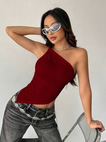 Flirla 女式纯色褶饰不对称下摆修身无袖上衣