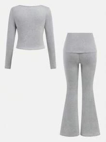 SHEIN Girlism Teen Girl Casual Minimalist Comfortable Square Neck Long Sleeve T-Shirt And Flare Pants Set Fall Winter - Grey - View 7