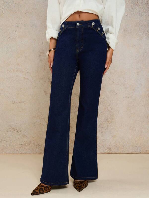 COSMINA Women's Plain High-Waisted Casual Flared Leg Jeans, Versatile Summer Style, Old Money