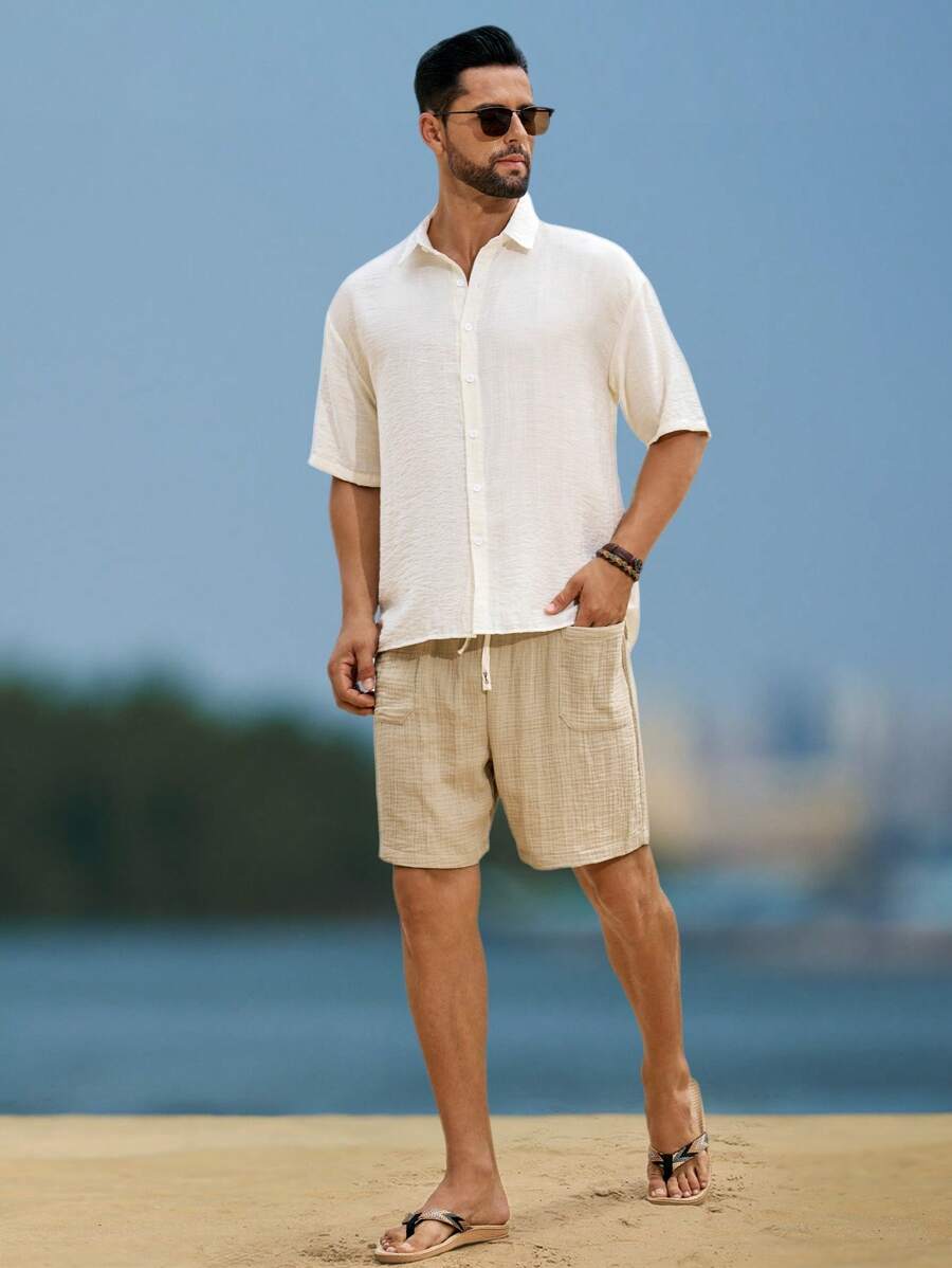 ResortEase Men's Cream Colored Linen-Look Short Sleeve Button Down Shirt Men Boho Shirt Beach Men Shirt, Holiday - Beige - View 1