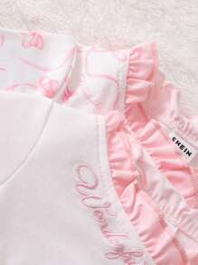 Bộ 3 món đồ ngủ dài tay in nơ thanh lịch tối giản cho trẻ sơ sinh kèm băng đô, đồ ngủ - Hồng - Xem 5
