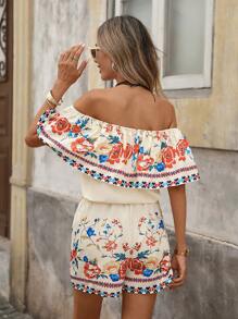 Brillora Ladies' Summer Vacation Style Floral Print Ruffled Off Shoulder Top And Shorts Casual 2Pcs Outfit Short Sets