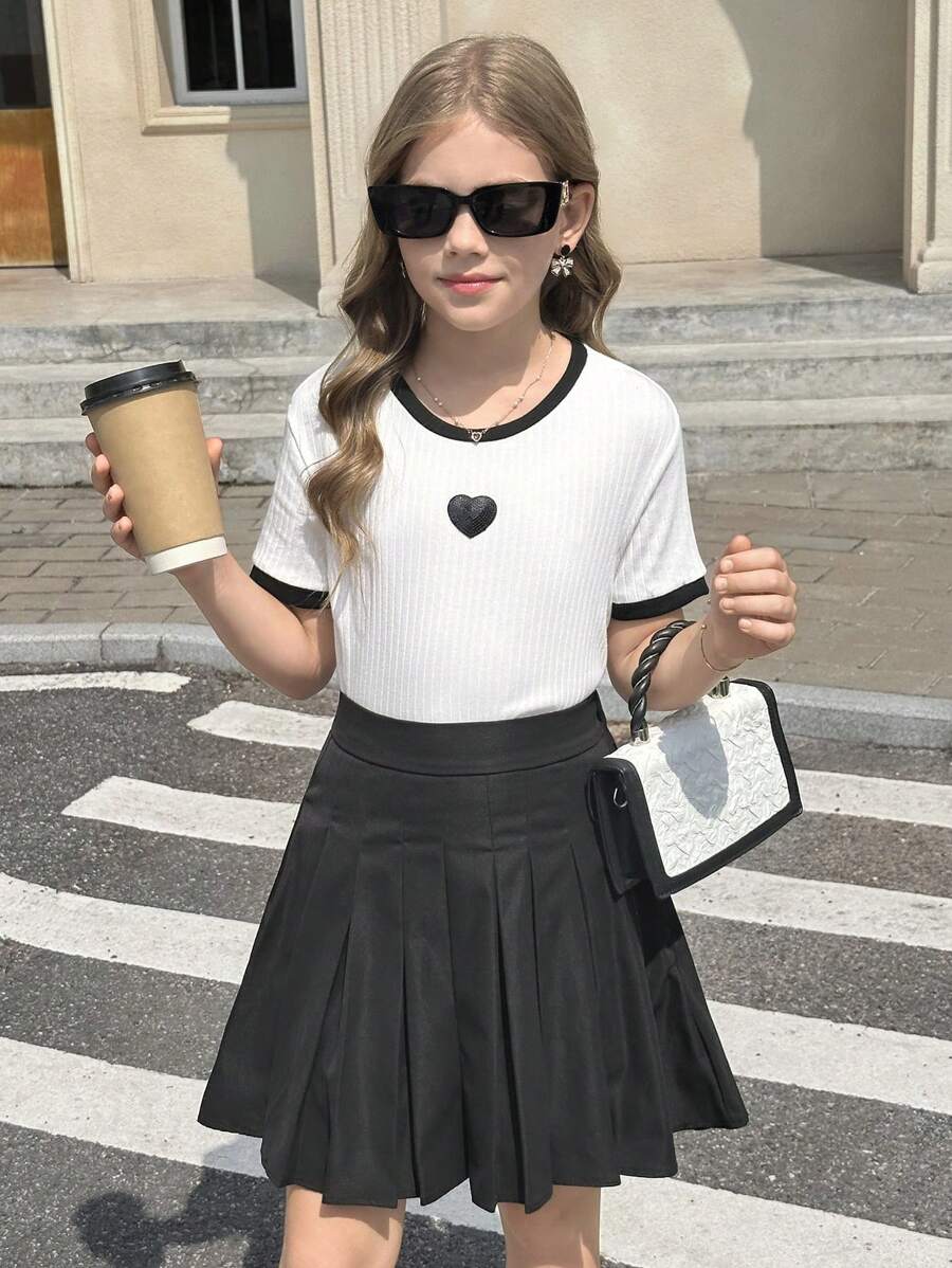 Tween Girl 2-Piece Set: Fitted Heart Patch Contrast Color Short Sleeve T-Shirt And Pleated Mini Skirt, Back To School - Black and White - View 1