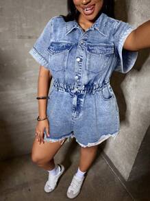 Dripcurv Plus Size Denim Jumpsuit, Casual Fitted Short Sleeve Romper, Black - Light Wash - View 5
