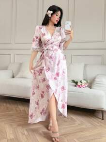 Modelyn Romantic Lace Sleeve Waist-Cinched Dress For Women - Pink - View 5