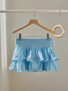 SHEIN Unity Blue Wrinkle Fabric Romantic Shirred Waist Double Ruffle Hem Design Sweet Vacation Beach A-Line Skirt, Spring/Summer - Blue - View 1