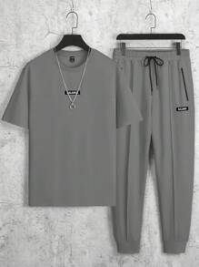 Manfinity Homme Set de 2 piezas para hombre con camiseta de cuello redondo de manga corta y pantalón con cordón