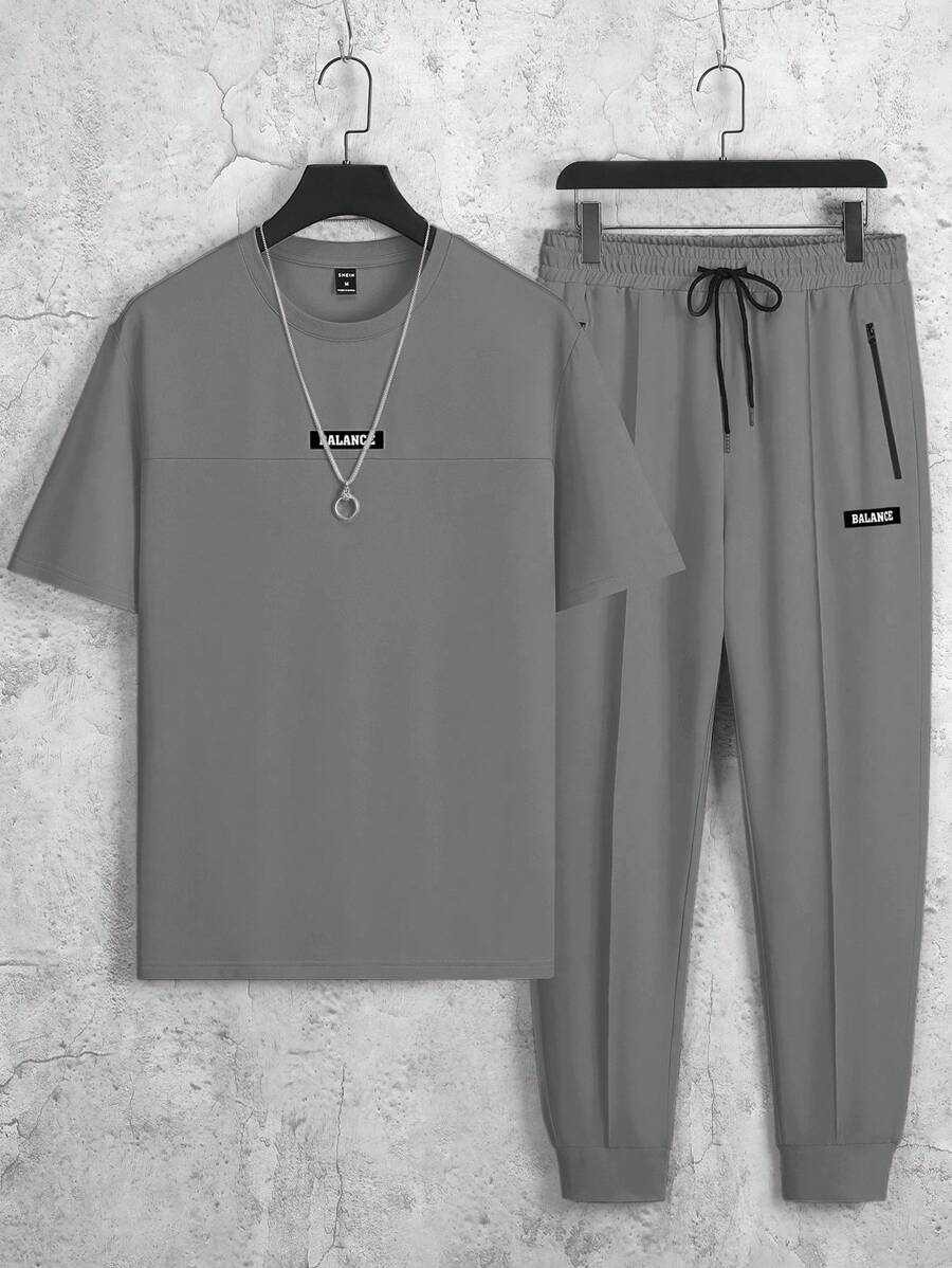 Manfinity Homme Set de 2 piezas para hombre con camiseta de cuello redondo de manga corta y pantalón con cordón