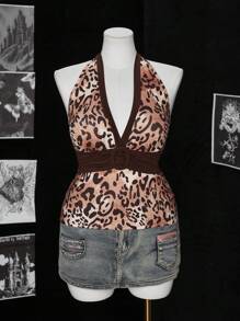 Flirla Camiseta sin mangas de punto acanalado con tiras finas tipo espagueti y espalda descubierta, con estampado de leopardo, para verano - Multicolor - Ver 3