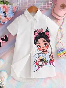 Young Girls Big Pattern Shirt Collar Short Sleeve Casual Dress, Suitable For Home, Leisure, Outdoor & Social Occasions, Spring & Summer Shirts For Kids Girls Cute Shirts For Girls Young Girl Summer Tops