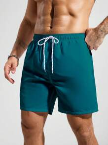 Zalmeno 男士休闲宽松抽绳腰休闲沙滩短裤，夏季蓝绿色泳裤男士绿色泳裤男士泳装男士沙滩装 - 墨綠色 - 查看 3
