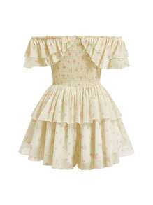 SHEIN MOOSTA 优雅度假蝴蝶结夏季女装，法式优雅仙女优雅露肩甜美辣妹风格 3D 蝴蝶结装饰女式连体裤，性感百搭性感可爱修身灯笼裤灯笼裤短款连体裤 - 彩色 - 查看 2