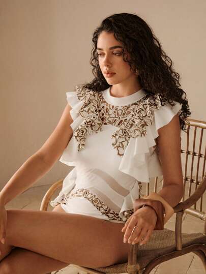 Anewsta 1件装女士沙滩泳衣，时尚高端花卉镂空荷叶边露背网纱拼接性感泳衣，适合夏季度假