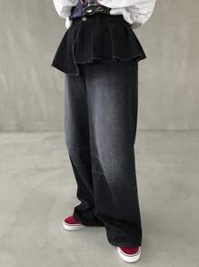 FRIFUL 女式休闲水洗牛仔荷叶边二合一牛仔裤 - 黑色 - 查看 5