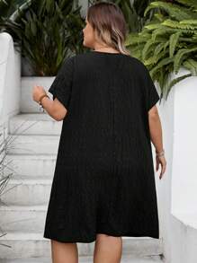 SHEIN CURVE+ 大码短袖休闲连衣裙，适合度假、休闲、优雅家居服 - 黑色 - 查看 2